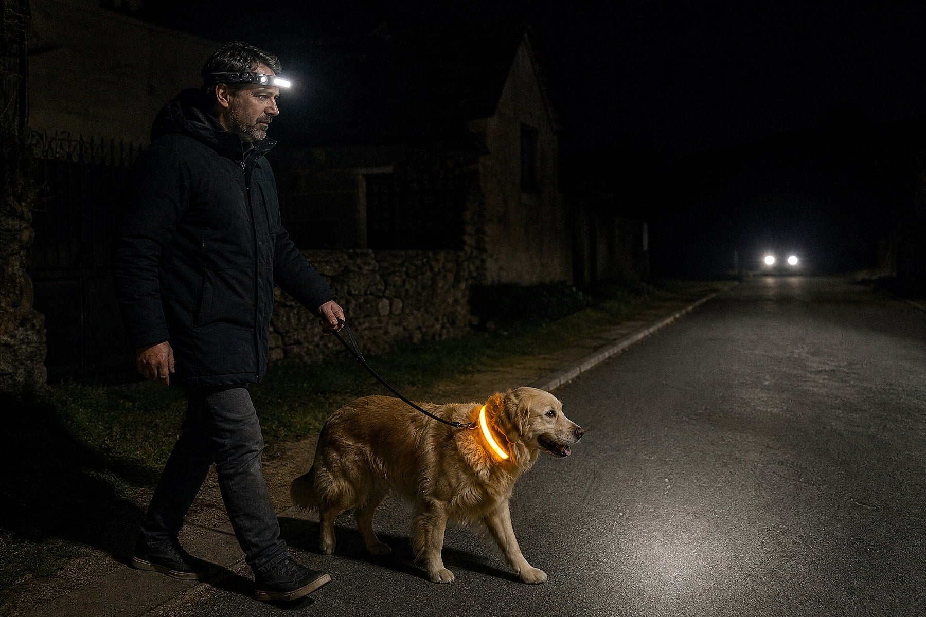 Un maître et son chien au collier lumineux dans la rue, une voiture arrive au loin