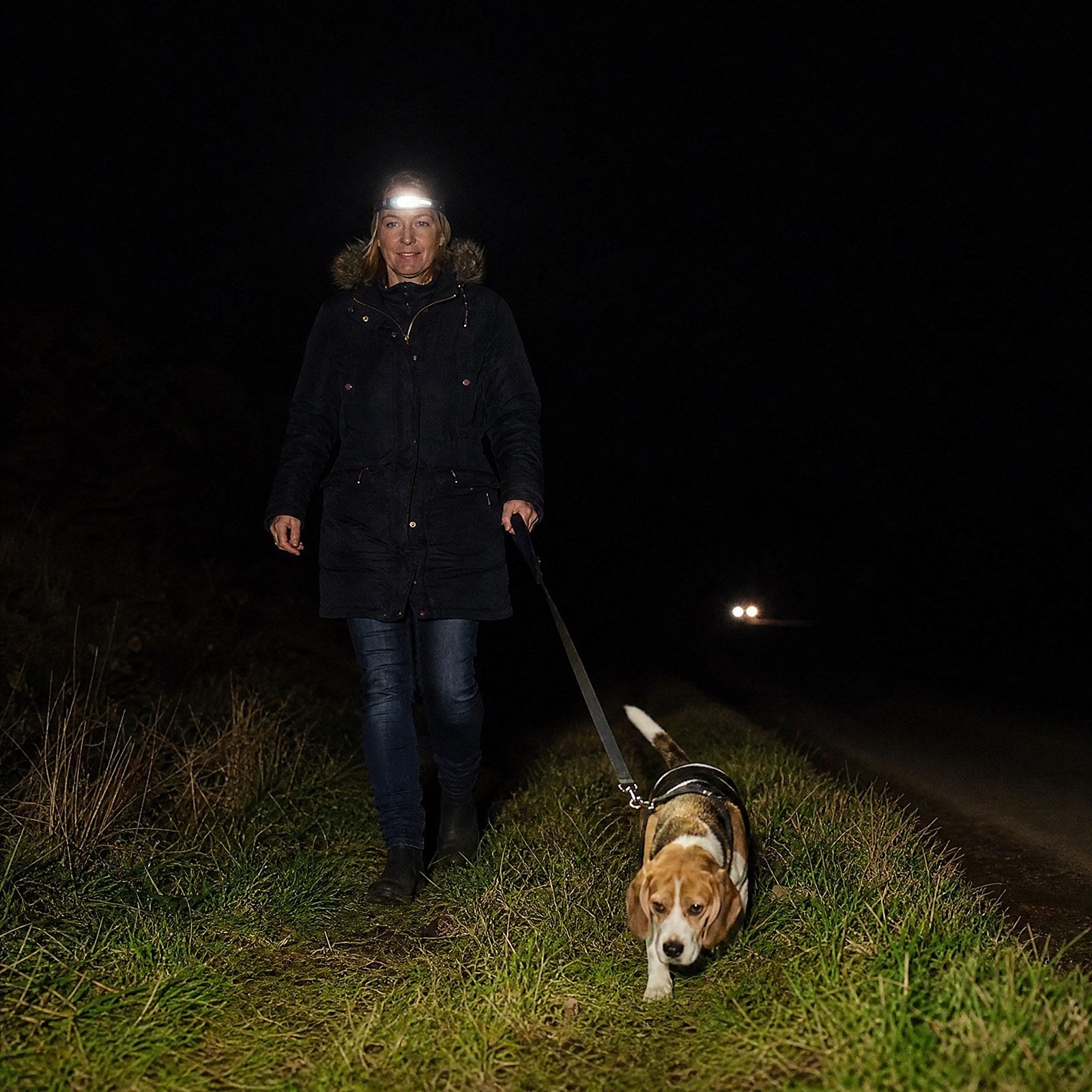 Maître et chien sur un trottoir de nuit